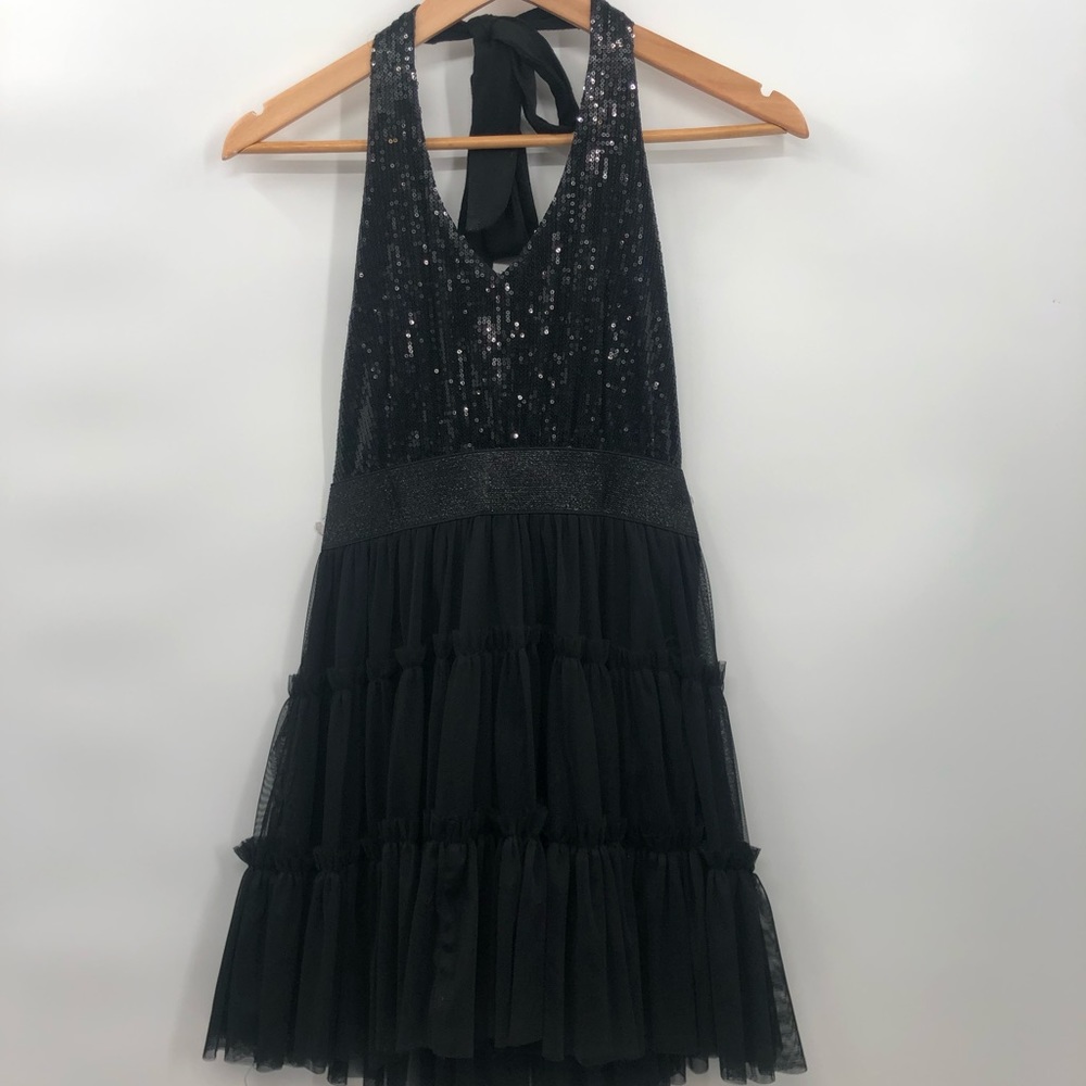 Black sparkly halter mini dress